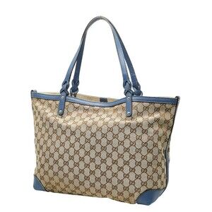 Gucci Leather Blue Tan Canvas GG Beige Bag Tote
